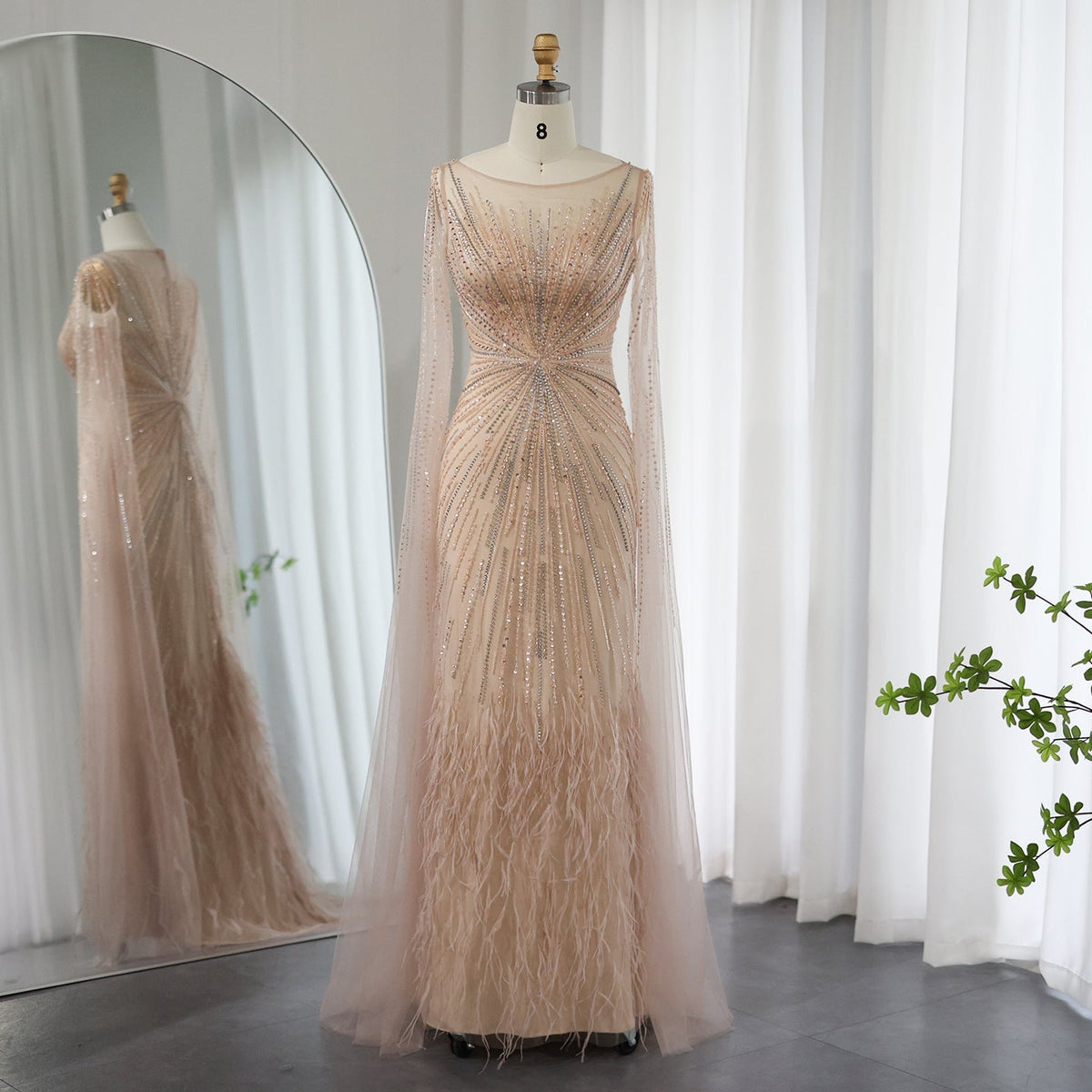 DreamyVow Luxury Dubai Lilac Feathers Evening Dresses with Cape Sleeves 2023 Arabic Long Women Wedding Party Prom Dress 196