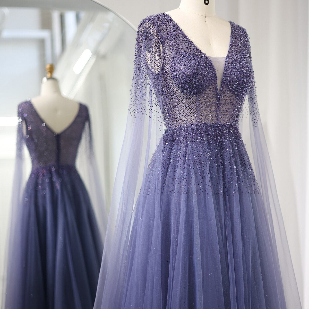 Dreamy Vow Royal Blue Luxury Dubai Evening Dress with Cape Sleeves Elegant Pink V-Neck Purple Women Wedding Party Gowns 012