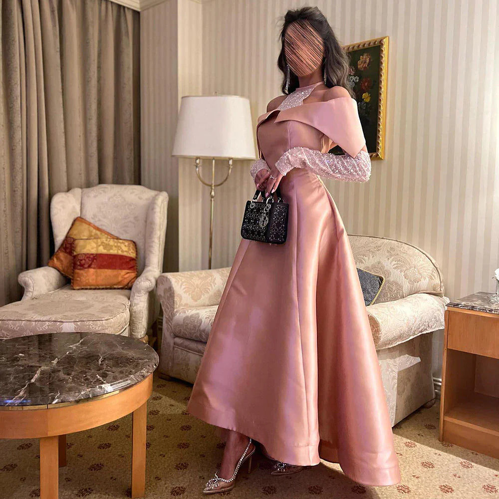 Dreamy Vow Elegant Khaki Satin High Low Dubai Evening Dress for Wedding Party Halter Arabic Women Midi Formal Guest Gowns F 058