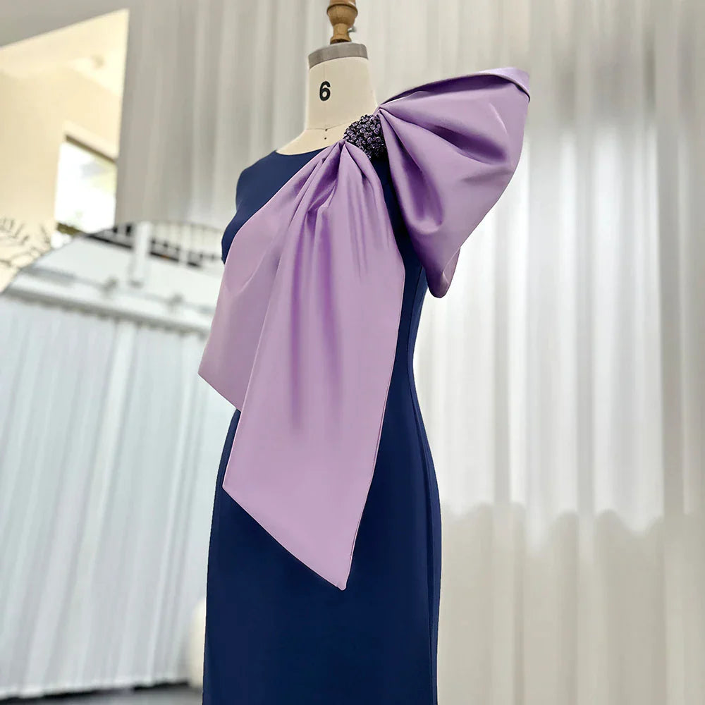 Dreamy Vow Elegant Navy Blue Satin Mermaid Evening Dresses with Lilac Bow Women Wedding Party Formal Gowns F121