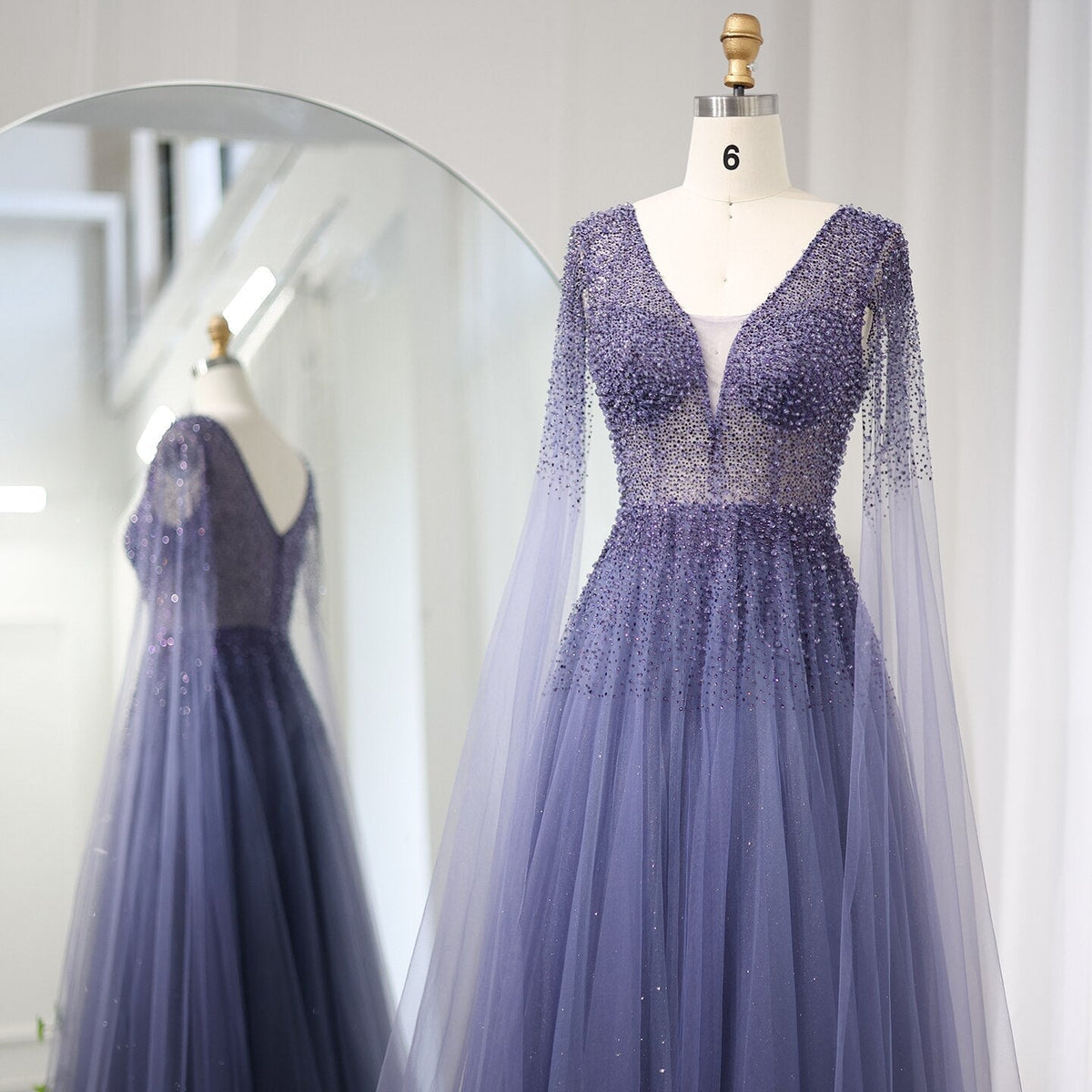 Dreamy Vow Royal Blue Luxury Dubai Evening Dress with Cape Sleeves Elegant Pink V-Neck Purple Women Wedding Party Gowns 012
