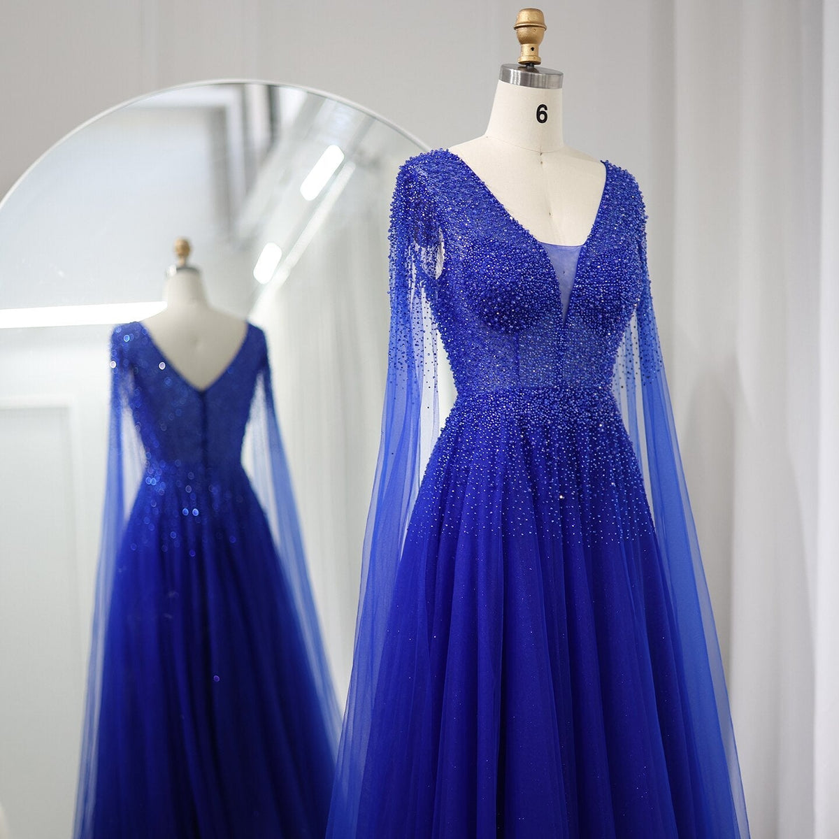 Dreamy Vow Royal Blue Luxury Dubai Evening Dress with Cape Sleeves Elegant Pink V-Neck Purple Women Wedding Party Gowns 012