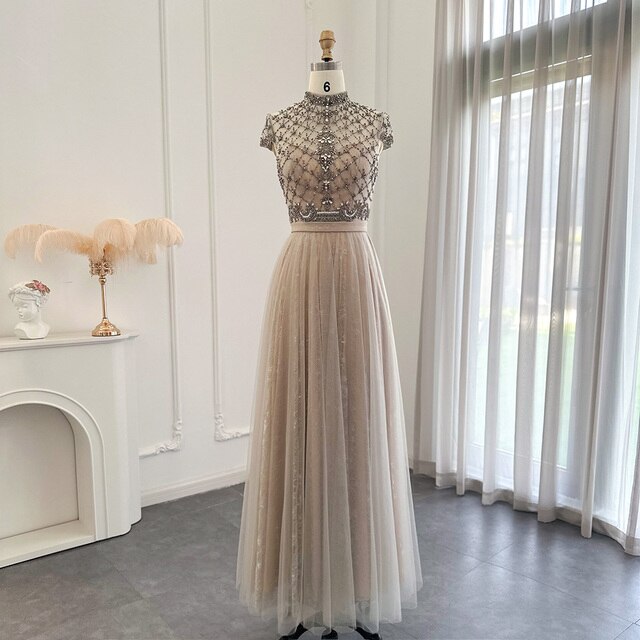 Dreamy Vow Arabic Gray Lace Short Evening Dresses Luxury Dubai Vintage Tea Length Formal Dress for Women Wedding Party 253