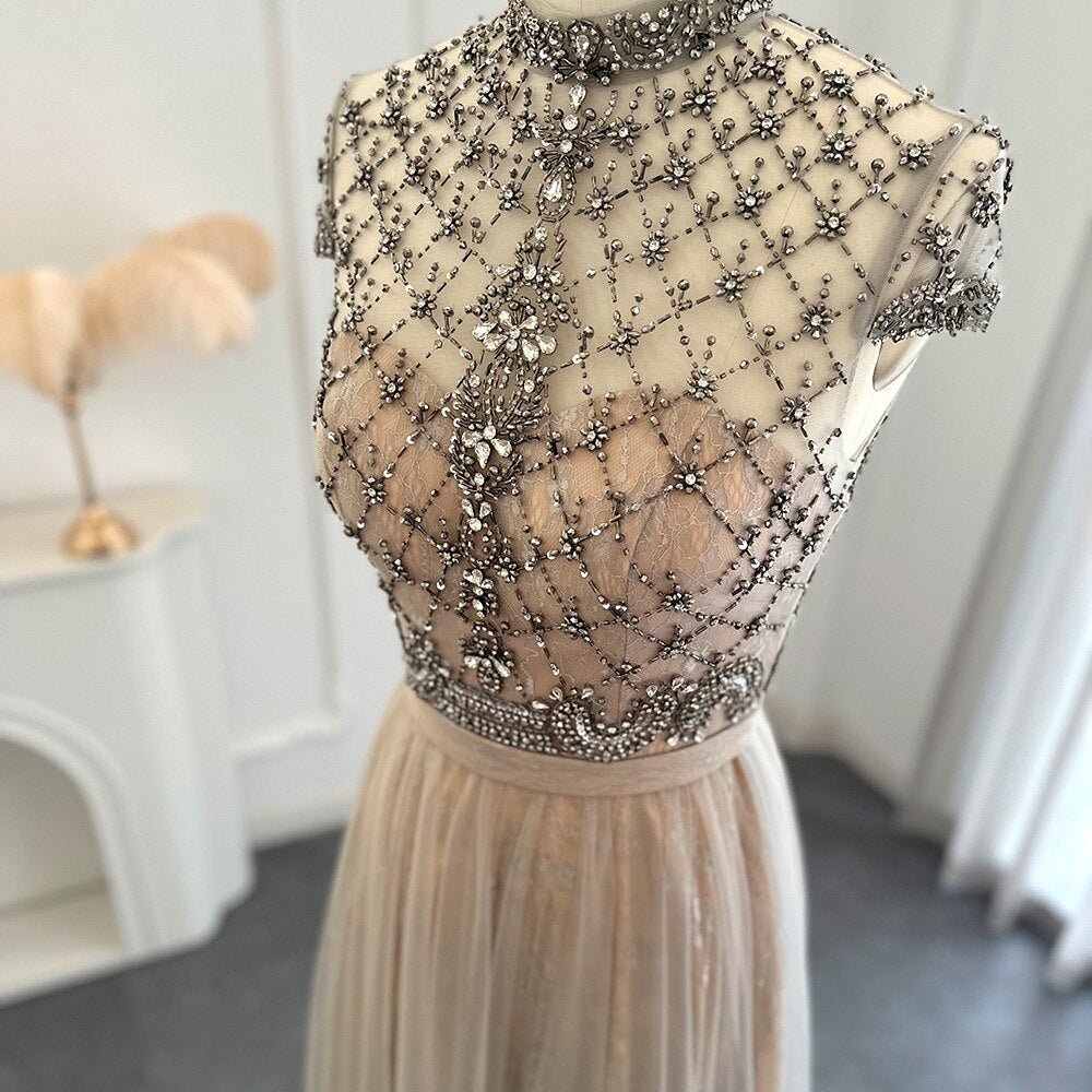 Dreamy Vow Arabic Gray Lace Short Evening Dresses Luxury Dubai Vintage Tea Length Formal Dress for Women Wedding Party 253