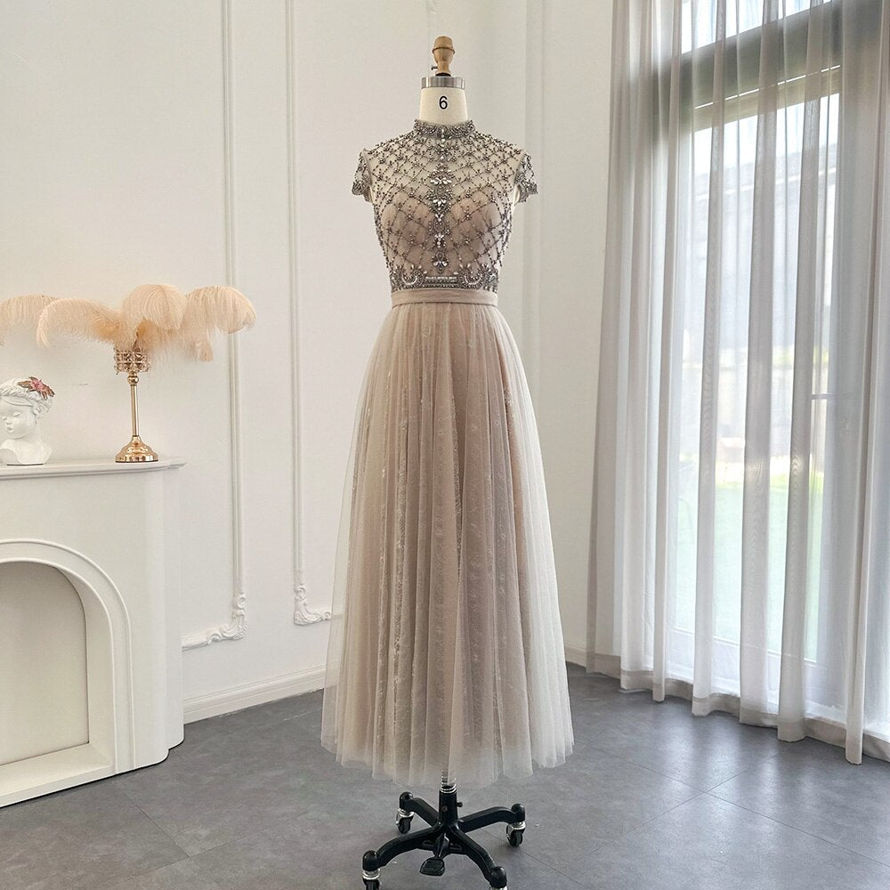 Dreamy Vow Arabic Gray Lace Short Evening Dresses Luxury Dubai Vintage Tea Length Formal Dress for Women Wedding Party 253