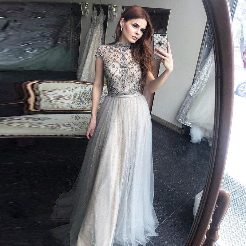 Dreamy Vow Arabic Gray Lace Short Evening Dresses Luxury Dubai Vintage Tea Length Formal Dress for Women Wedding Party 253