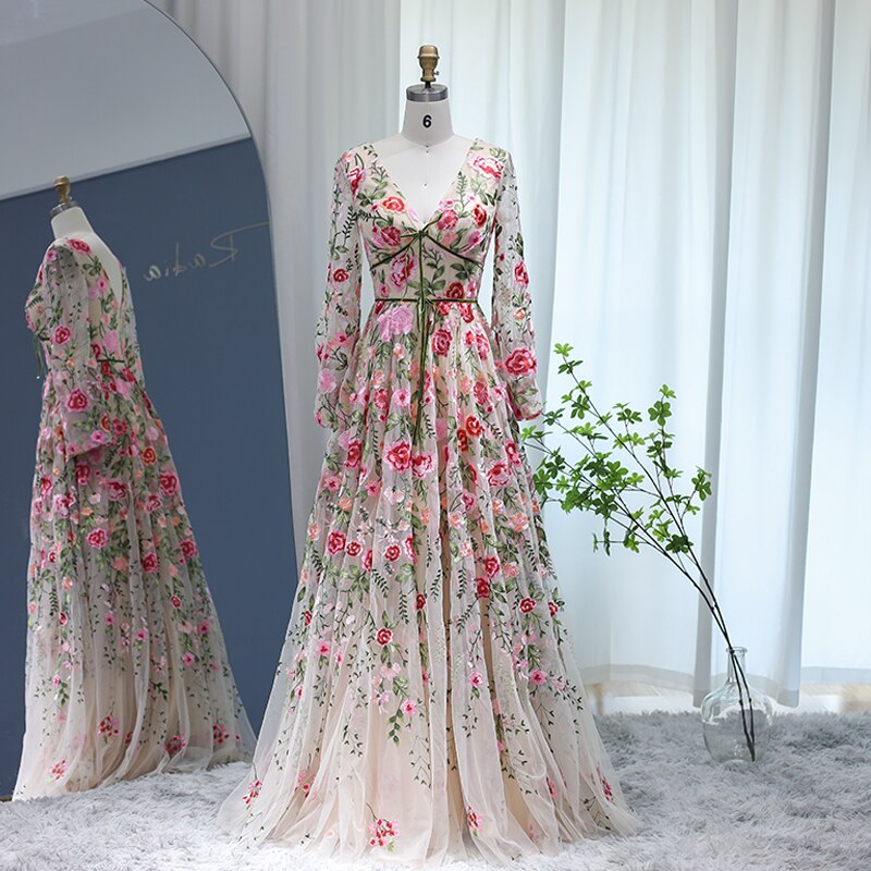 Dreamy Vow Champagne Embroidery Long Evening Dresses 2023 Garden Floral Tulle A-line Formal Prom Dress for Women Wedding Party 231