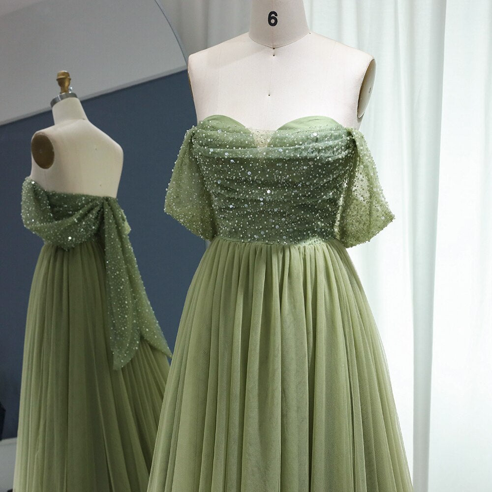 Dreamy Vow Elegant Off Shoulder Sage Evening Dresses for Women Wedding Guest Luxury Beaded Arabic Long Formal Party Gown 314