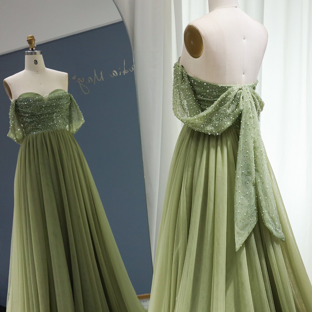 Dreamy Vow Elegant Off Shoulder Sage Evening Dresses for Women Wedding Guest Luxury Beaded Arabic Long Formal Party Gown 314