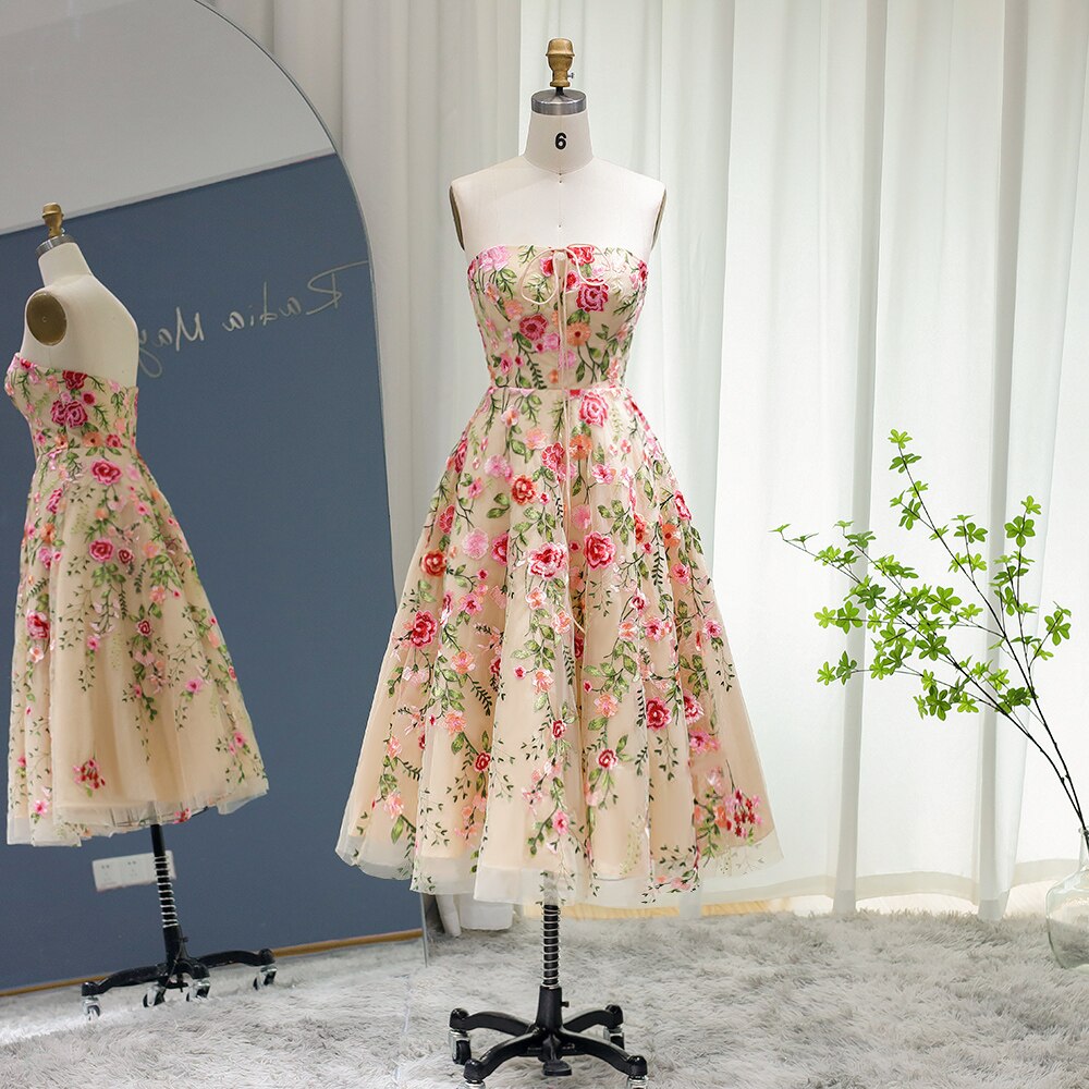 Dreamy Vow Garden Embroidery Short Evening Dress with Jacket Ankle Length Midi Formal Party Gowns for Women Wedding Guest 232