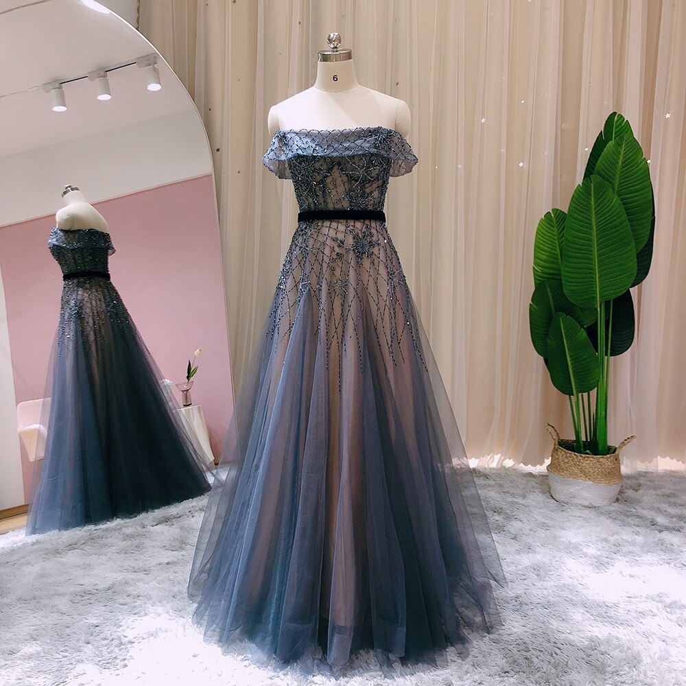 Dreamy Vow Luxury Arabic Off Shoulder Navy Blue Evening Dress Long Elegant Engagement Dresses for Women Wedding Party 294