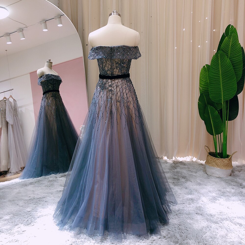 Dreamy Vow Luxury Arabic Off Shoulder Navy Blue Evening Dress Long Elegant Engagement Dresses for Women Wedding Party 294
