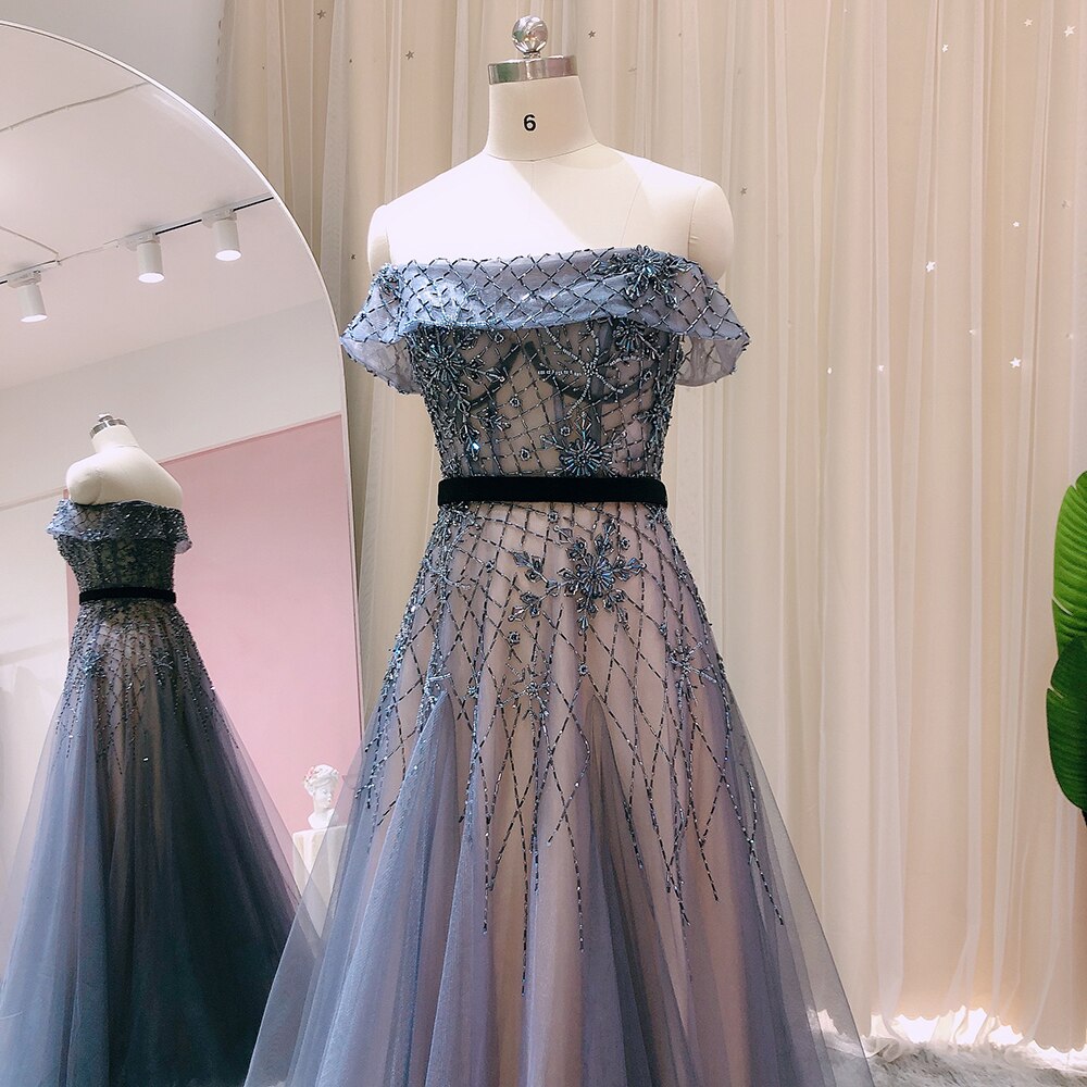 Dreamy Vow Luxury Arabic Off Shoulder Navy Blue Evening Dress Long Elegant Engagement Dresses for Women Wedding Party 294