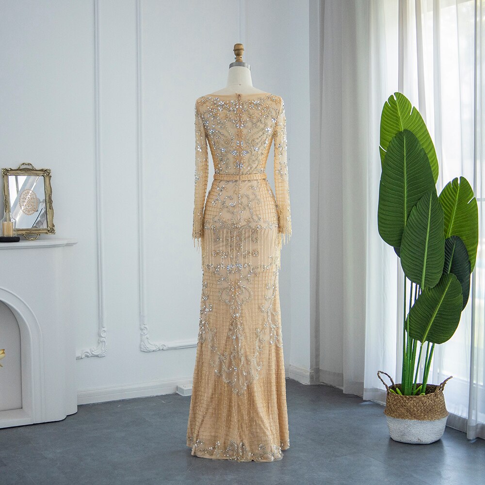 Dreamy Vow Luxury Beading Tassel Dubai Evening Dresses Muslim Women Long Sleeve Prom Formal Gowns for Wedding Party Guest 408