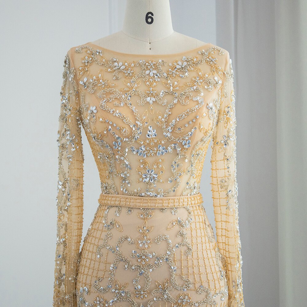 Dreamy Vow Luxury Beading Tassel Dubai Evening Dresses Muslim Women Long Sleeve Prom Formal Gowns for Wedding Party Guest 408