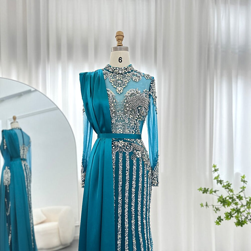Dreamy Vow Luxury Crystal Dubai Muslim Evening Dress with Overskirt Gray Arabic Formal Dresses for Women Wedding Party 013