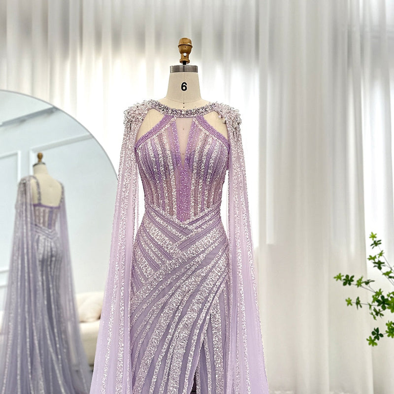 Dreamy Vow Luxury Crystal Dubai Yellow Evening Dress with Cape Sleeves 2023 Lilac Arabic Mermaid Women Wedding Party Gown 203