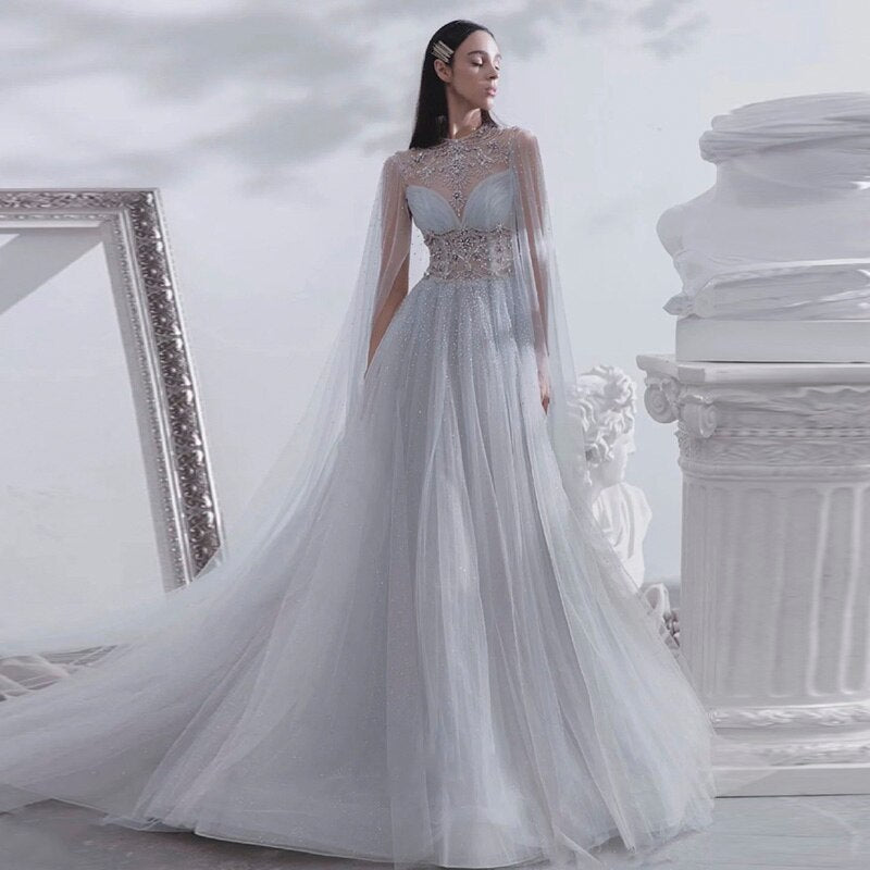 Dreamy Vow Luxury Crystal Silver Dubai Evening Dress with Cape Long Arabic Prom Formal Dresses for Women Wedding Party 213