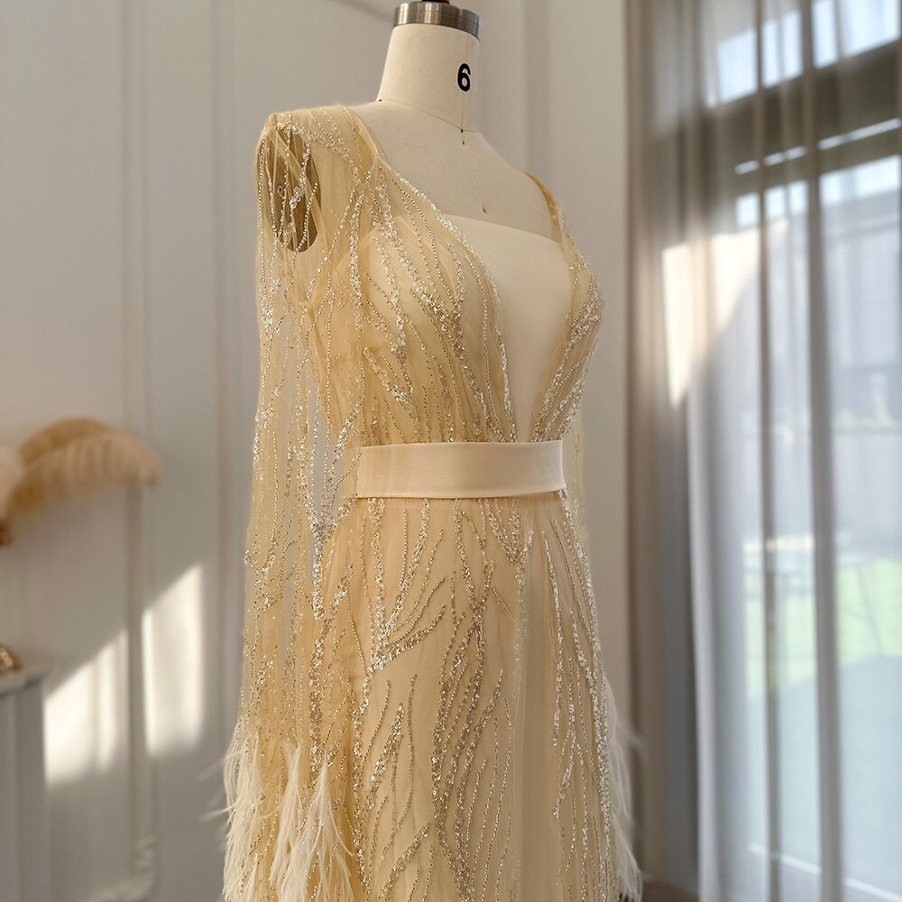 DreamyVow Luxury Dubai Feathers Light Yellow Evening Dresses with Cape Sleeves Arabic Purple Women Wedding Party Gowns 420