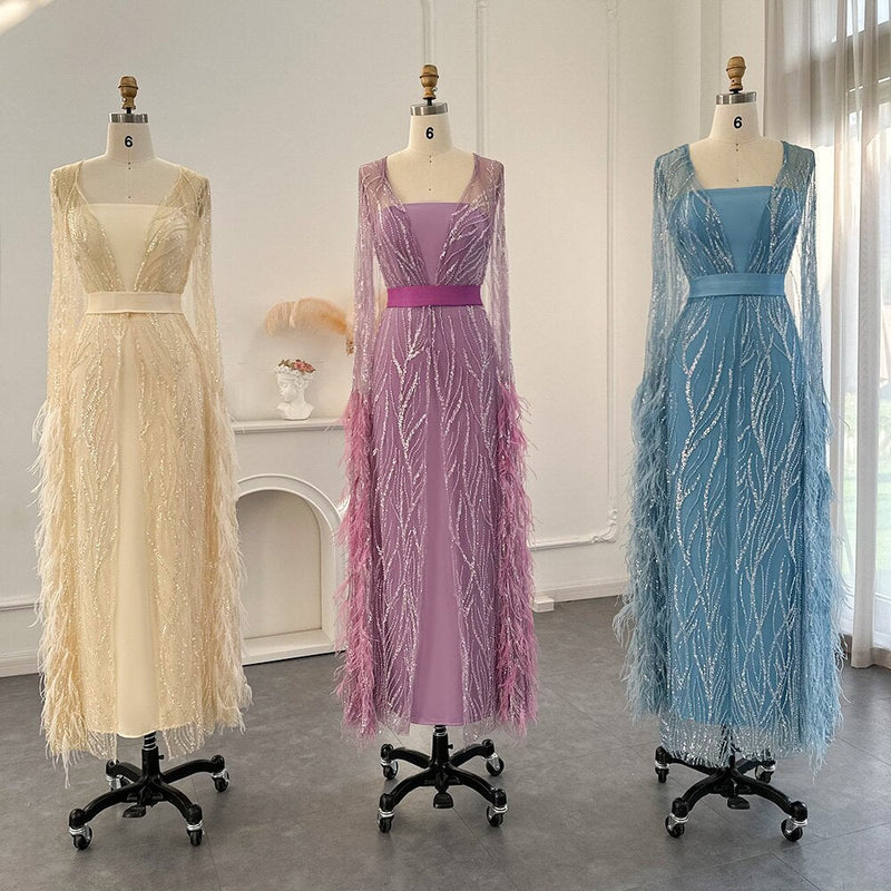 DreamyVow Luxury Dubai Feathers Light Yellow Evening Dresses with Cape Sleeves Arabic Purple Women Wedding Party Gowns 420