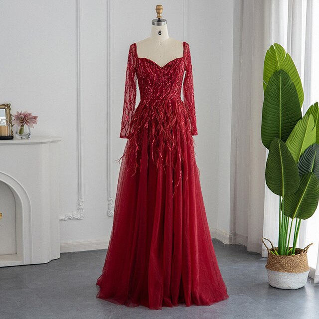 Dreamy Vow Luxury Dubai Feathers Lilac Evening Dresses for Women Wedding Elegant Emerald Green Arabic Formal Party Gowns 351