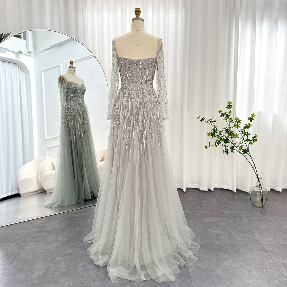 Dreamy Vow Luxury Dubai Feathers Lilac Evening Dresses for Women Wedding Elegant Emerald Green Arabic Formal Party Gowns 351