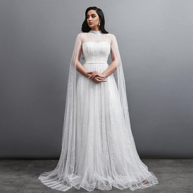 Dreamy Vow Luxury Dubai Grey Nude Arabic Evening Dresses with Cape Sleeves Elegant Women Formal Gowns for Wodding Party 428