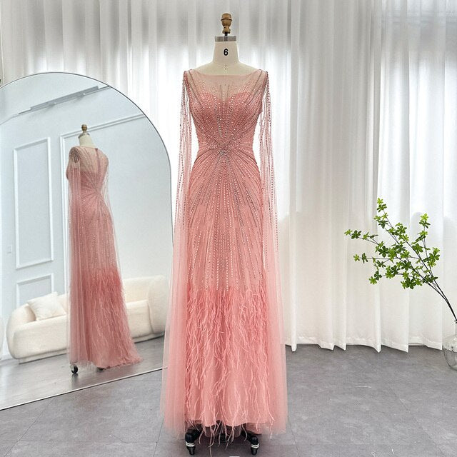 DreamyVow Luxury Dubai Lilac Feathers Evening Dresses with Cape Sleeves 2023 Arabic Long Women Wedding Party Prom Dress 196