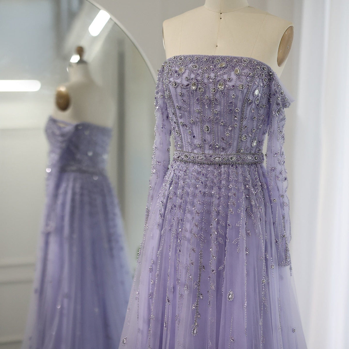 Dreamy Vow Luxury Dubai Nude Evening Dress 2023 Elegant Off Shoulder Long Sleeves Arabic Lilac Women Wedding Pary Gowns 489