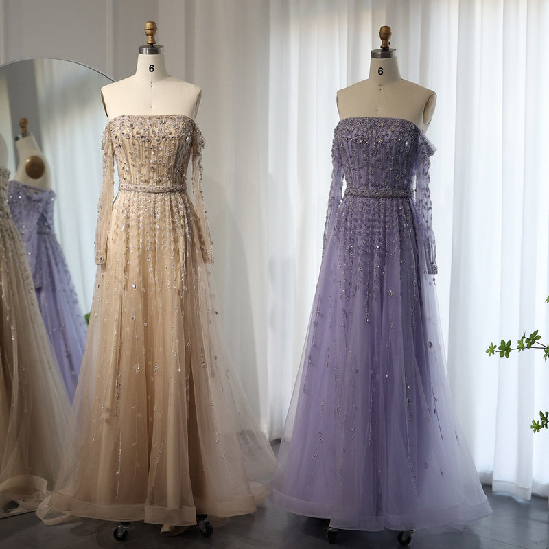 Dreamy Vow Luxury Dubai Nude Evening Dress 2023 Elegant Off Shoulder Long Sleeves Arabic Lilac Women Wedding Pary Gowns 489