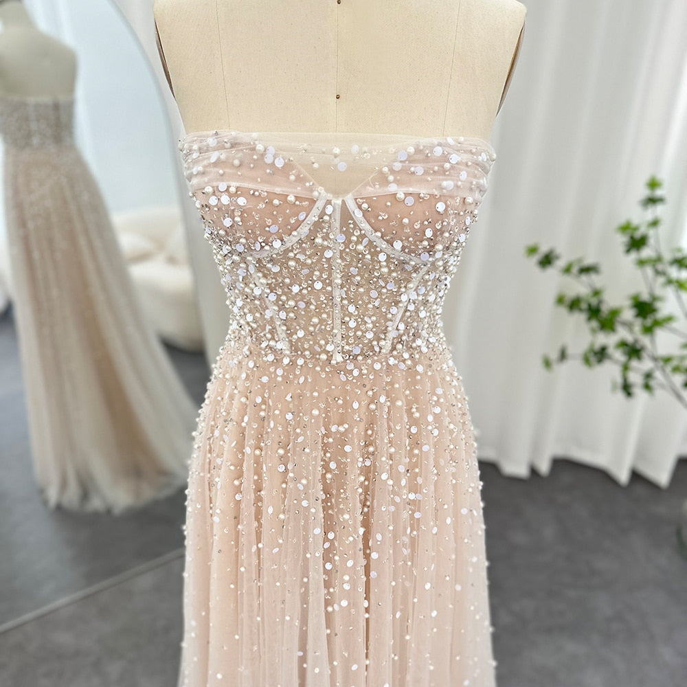 Dreamy Vow Luxury Dubai Pearls White Nude Arabic Evening Dresses with Gloves Elegant Women Wedding Bridal Party Gowns 373