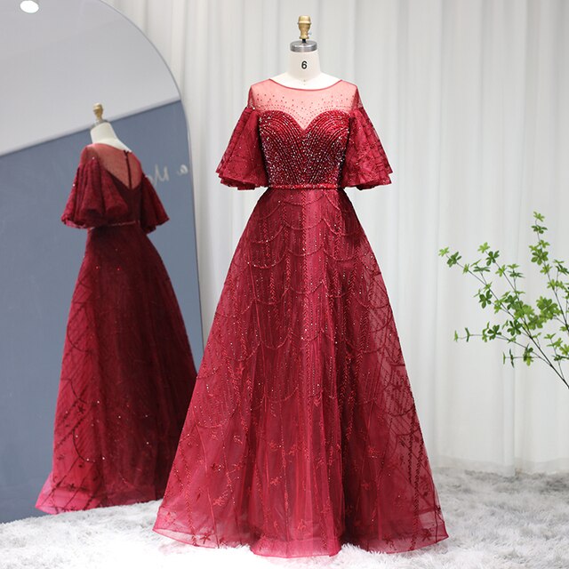 DreamyVow Luxury Dubai Pink Evening Dresses Flare Sleeve Burgundy Arabic Plus Size Formal Dress for Women Wedding Party 057