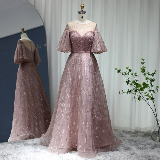 DreamyVow Luxury Dubai Pink Evening Dresses Flare Sleeve Burgundy Arabic Plus Size Formal Dress for Women Wedding Party 057