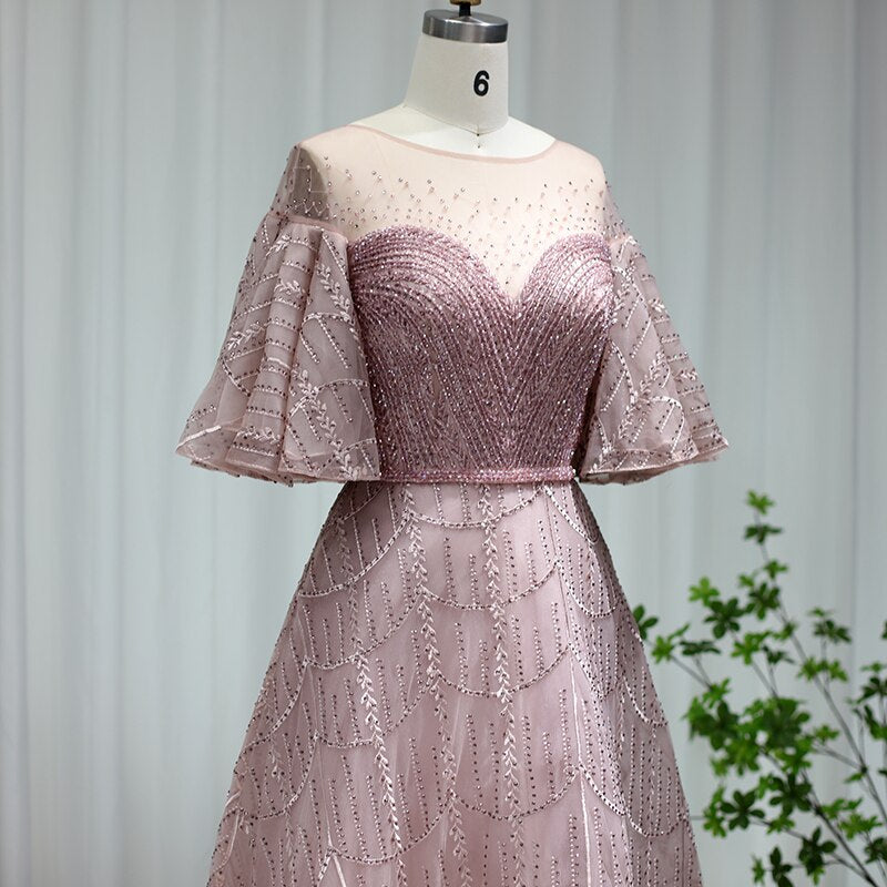 DreamyVow Luxury Dubai Pink Evening Dresses Flare Sleeve Burgundy Arabic Plus Size Formal Dress for Women Wedding Party 057