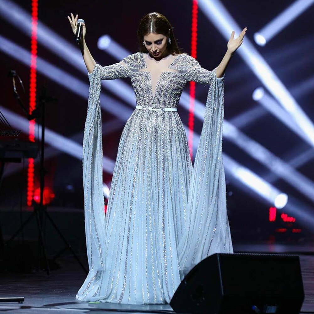 DreamyVow Luxury Dubai Silver Grey Evening Dresses with Cape Sleeves Arabic Champagne Muslim Wedding Formal Party Gowns 068