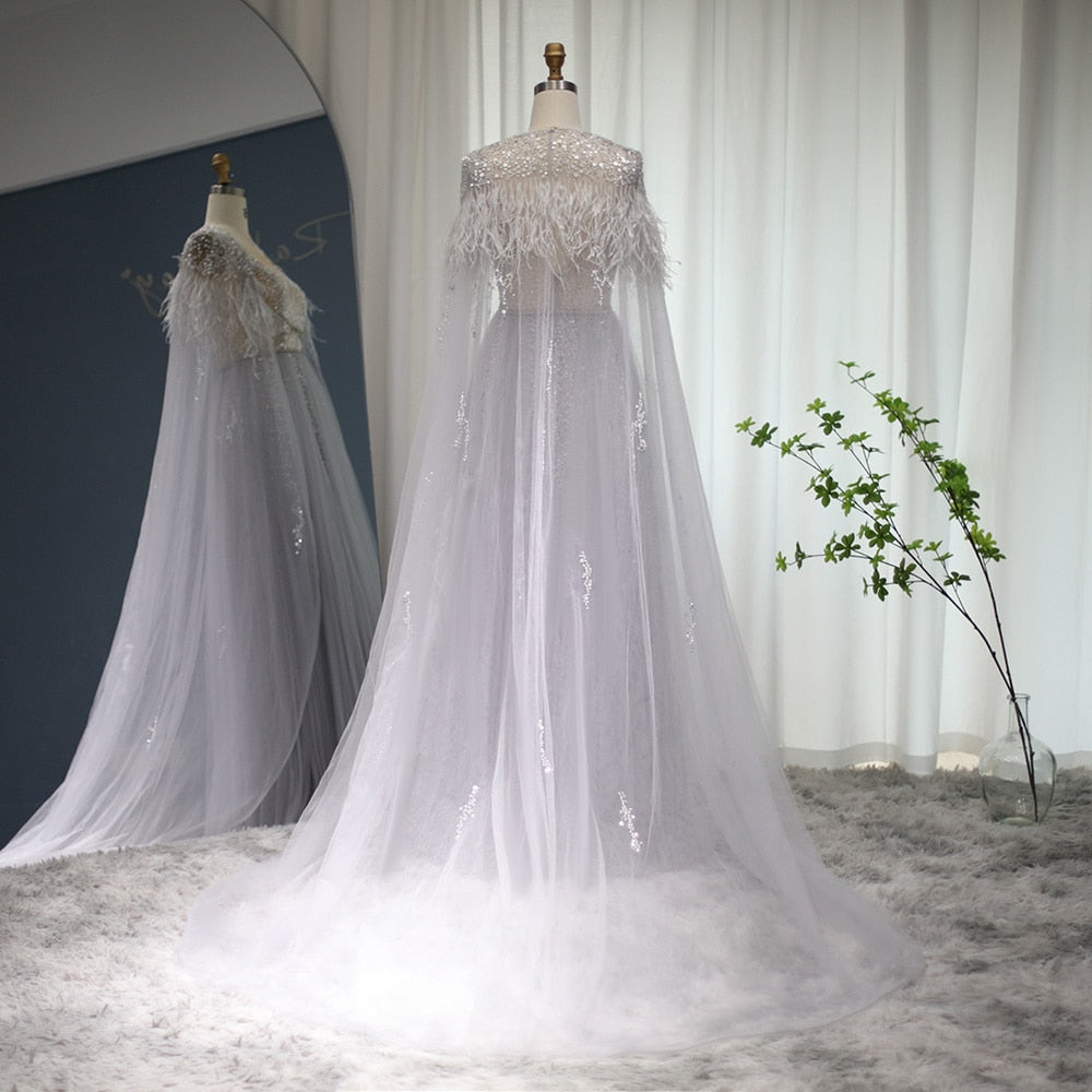 DreamyVow Luxury Dubai Silver Grey Evening Dresses with Feather Cape Shawl Arabic Women Wedding Party Formal Prom Dress 147