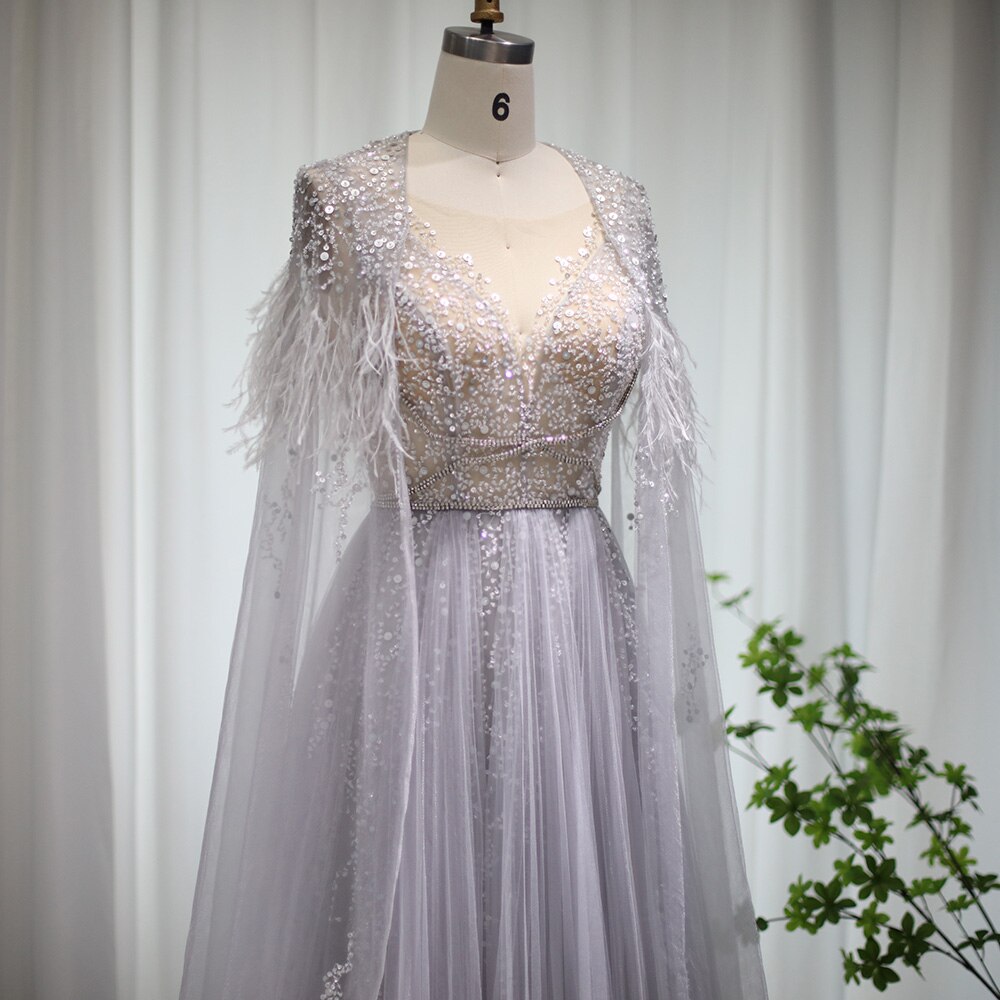 DreamyVow Luxury Dubai Silver Grey Evening Dresses with Feather Cape Shawl Arabic Women Wedding Party Formal Prom Dress 147
