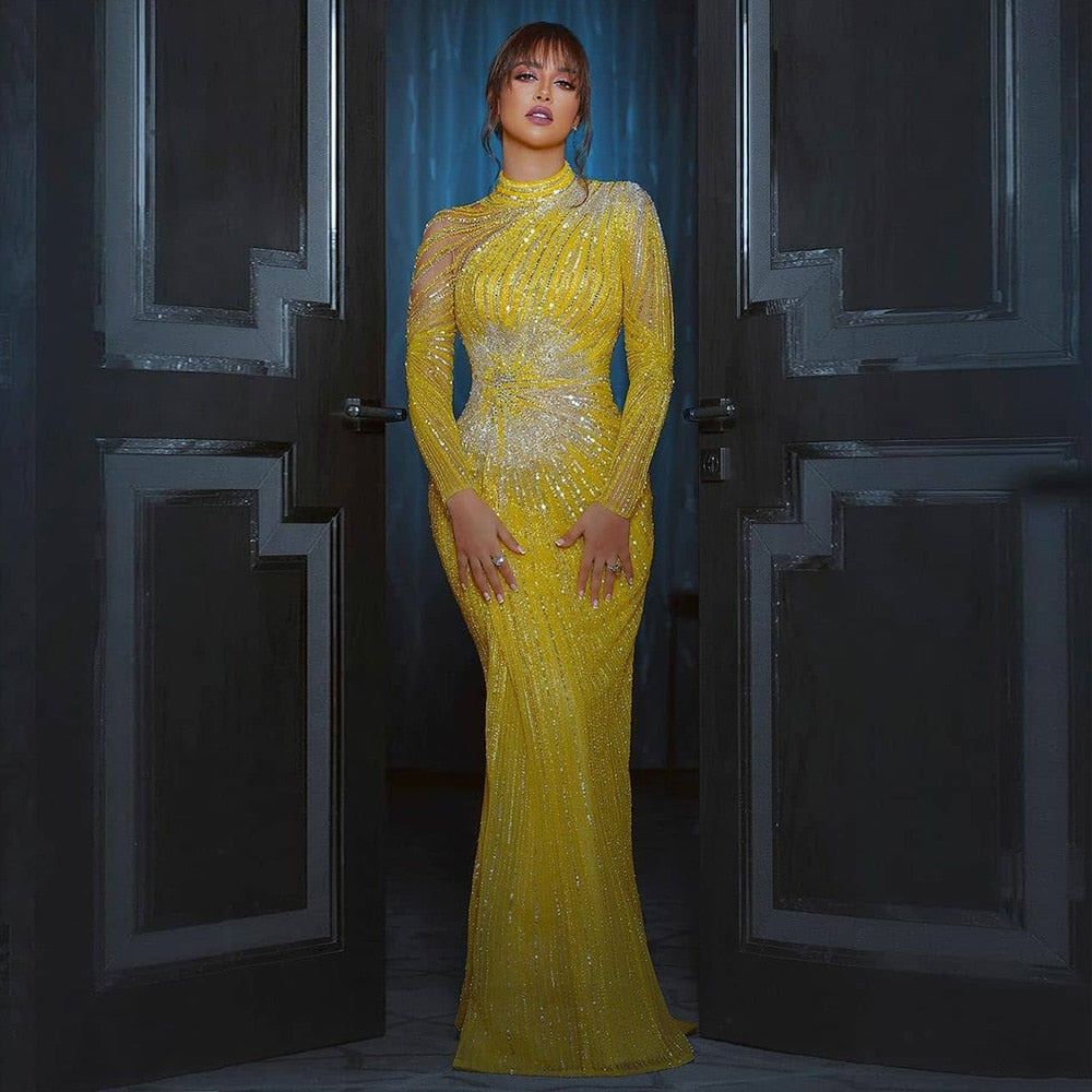 Dreamy Vow Luxury Dubai Yellow Mermaid Muslim Evening Dress Elegant Women Burgundy Formal Party Dresses for Wedding Guest 286