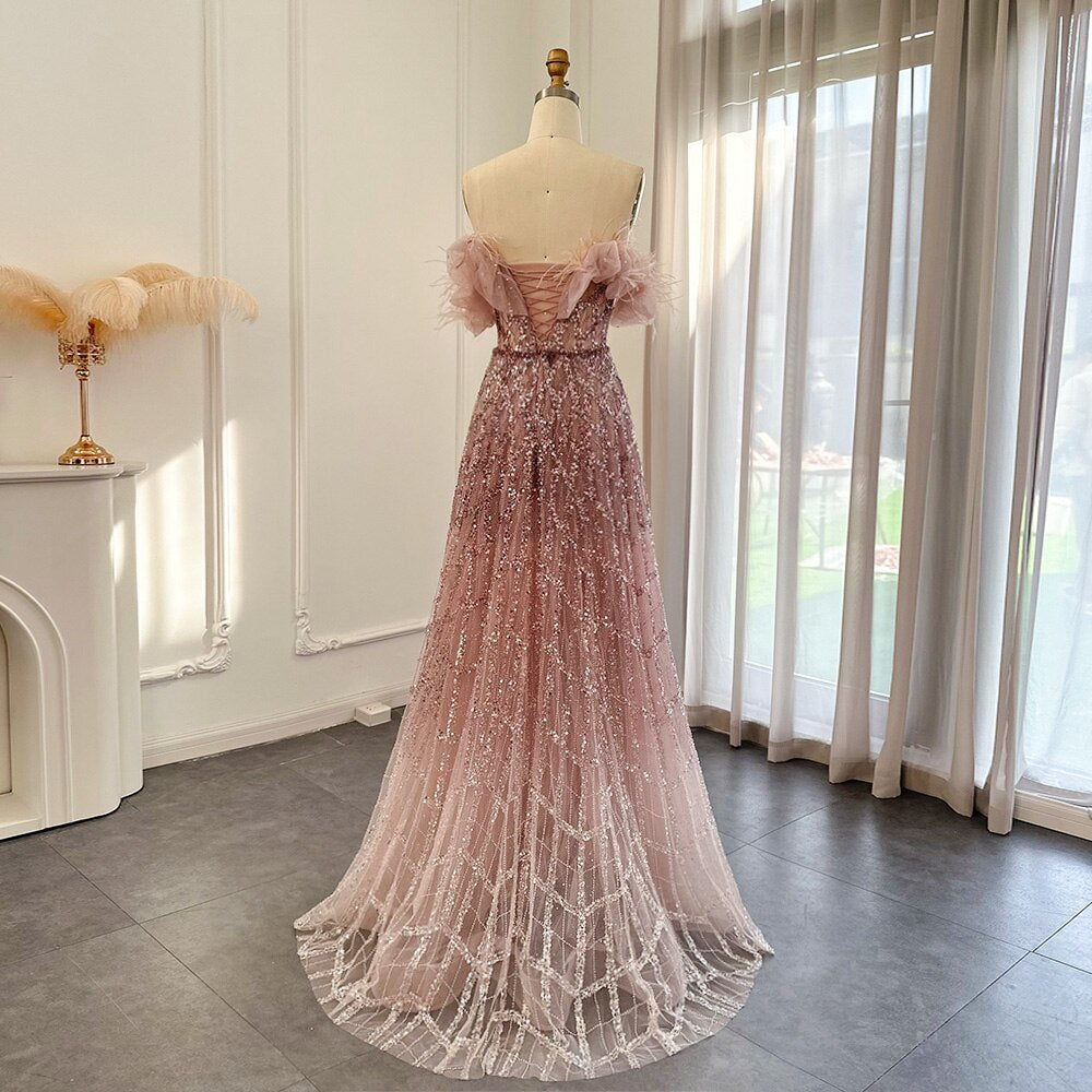 Dreamy Vow Luxury Feathers Green Dubai Evening Dresses 2023 Elegant Off Shoulder Long Formal Dress for Women Wedding Party 303