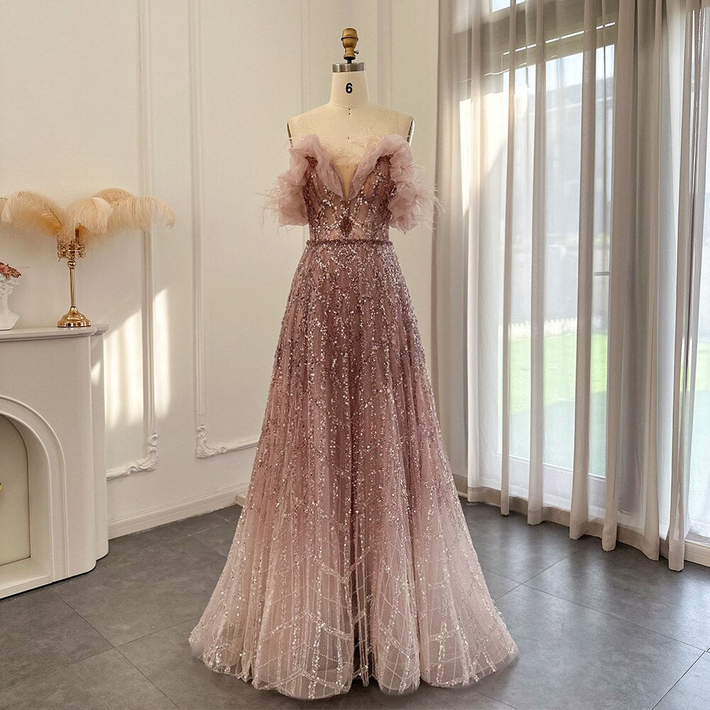 Dreamy Vow Luxury Feathers Green Dubai Evening Dresses 2023 Elegant Off Shoulder Long Formal Dress for Women Wedding Party 303