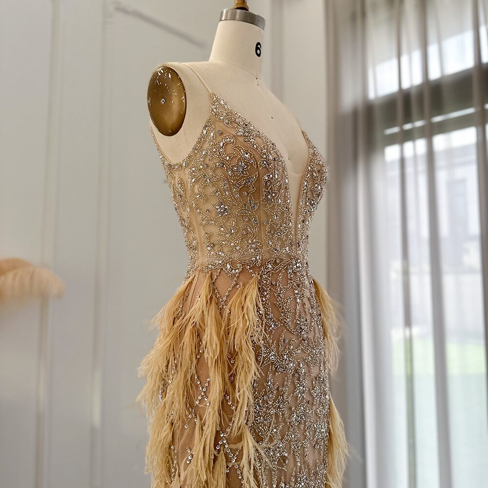 Dreamy Vow Luxury Feathers Mermaid Champagne Evening Dresses for Women Wedding 2023 Spaghetti Straps Prom Formal Gowns 374
