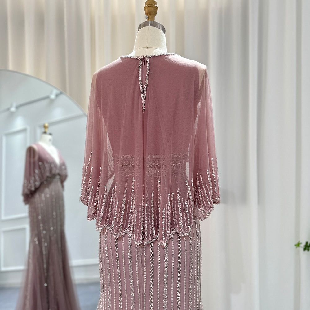 Dreamy Vow Luxury Pink Mermaid Dubai Evening Dresses with Cape 2023 Elegant V-Neck Arabic Women Wedding Formal Party Gown 284
