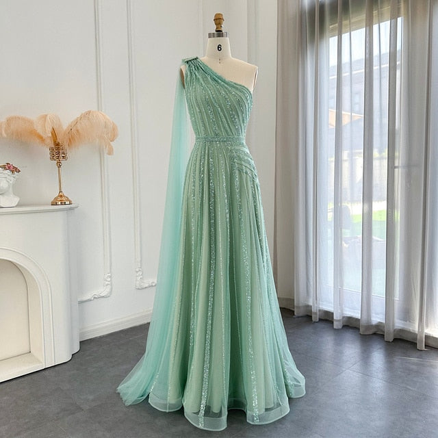 Dreamy Vow Yellow One Shoulder Luxury Dubai Evening Dress with Cape Side Slit Arabic Formal Prom Gowns for Wedding Party 326