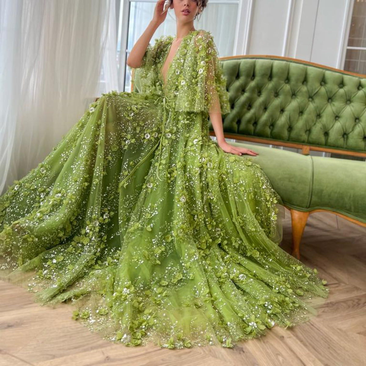 Sexy V-neck Green 3D Embroidered Flowers A-Line Evening Dress SS354