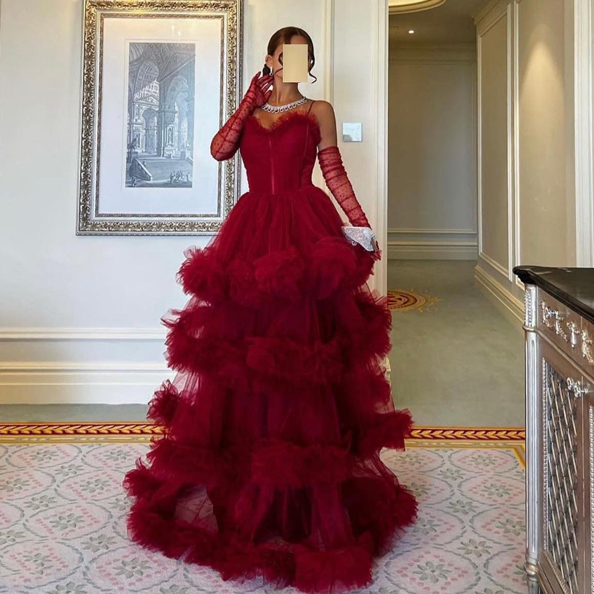 Sexy Burgundy Tulle Tiered Ruffles Evening Dresses with Gloves SF049