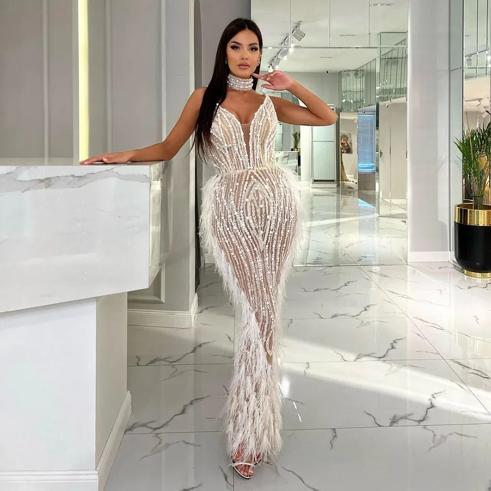 Luxury Feather White Nude Mermaid Evening Dress with Cape SS185