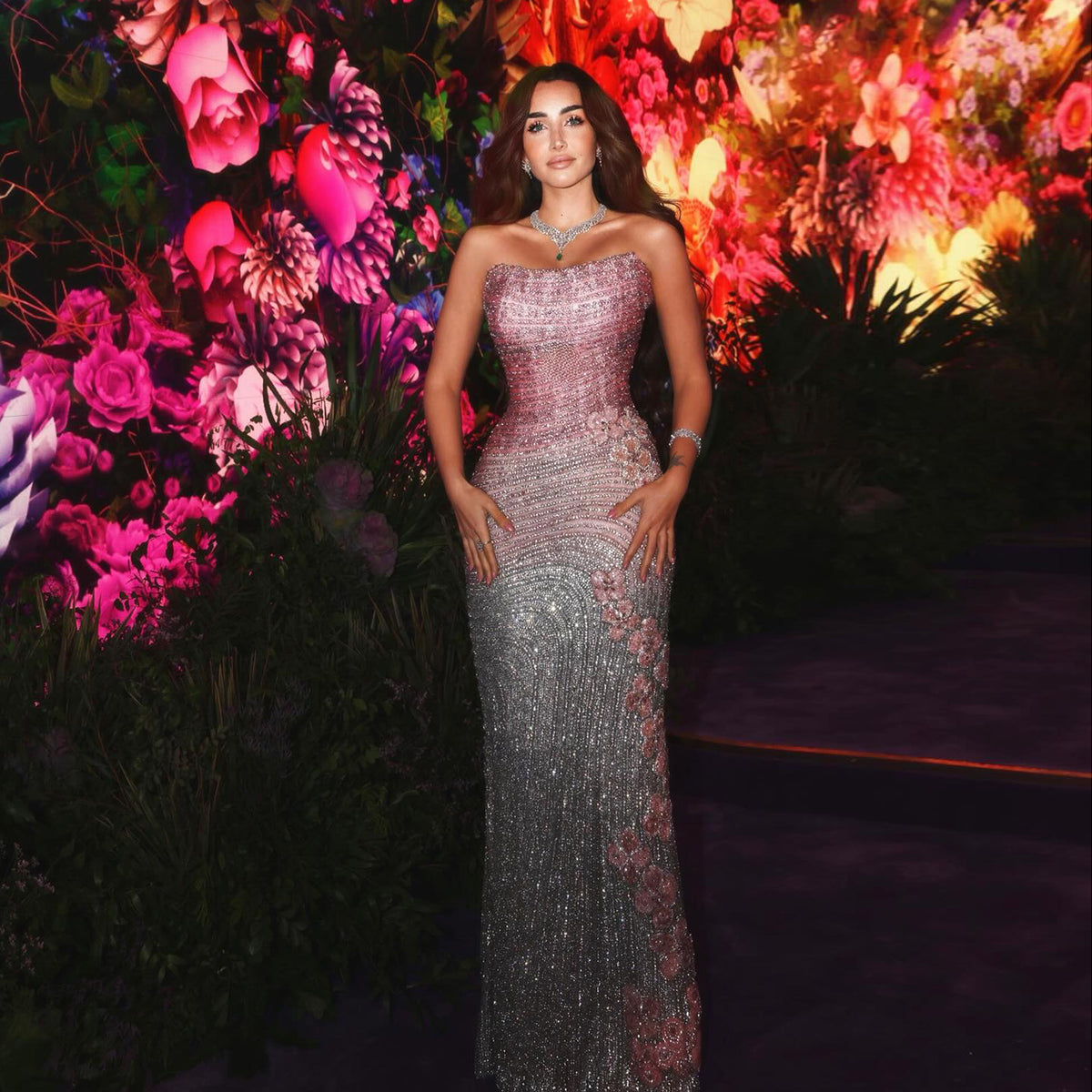 pink and silver mermaid prom dress Pink Mermaid Prom Dress Illusion Sweetheart Off Shoulder Crystal Floral Cap Sleeve Rhinestone Sequin Cathedral Train