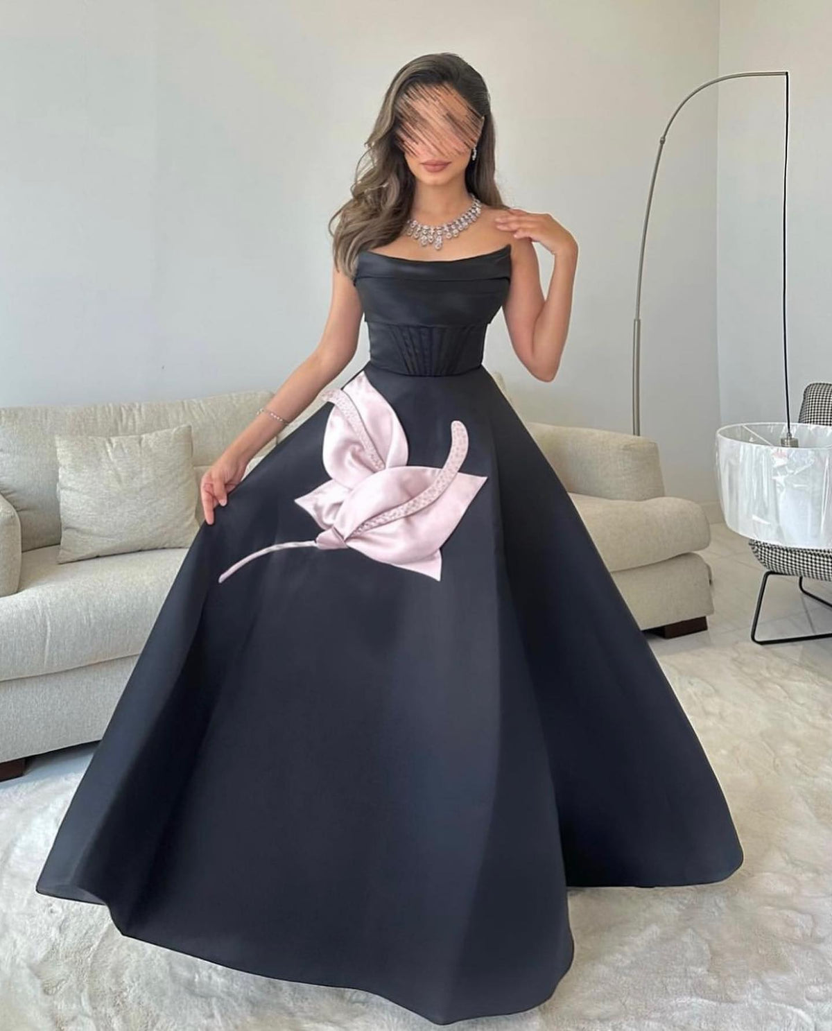 Elegant 3D Floral Black Strapless A-Line Evening Dress SF144