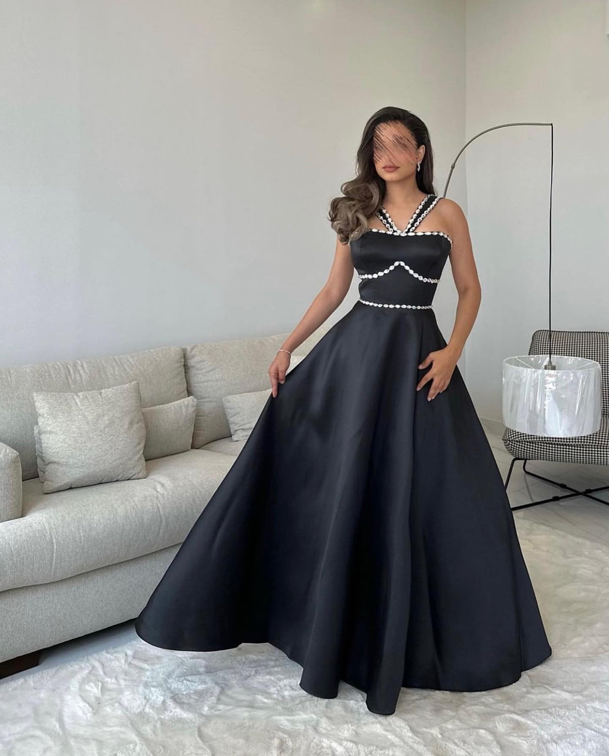 Elegant Crystal Black A-Line Satin Evening Dress SF145