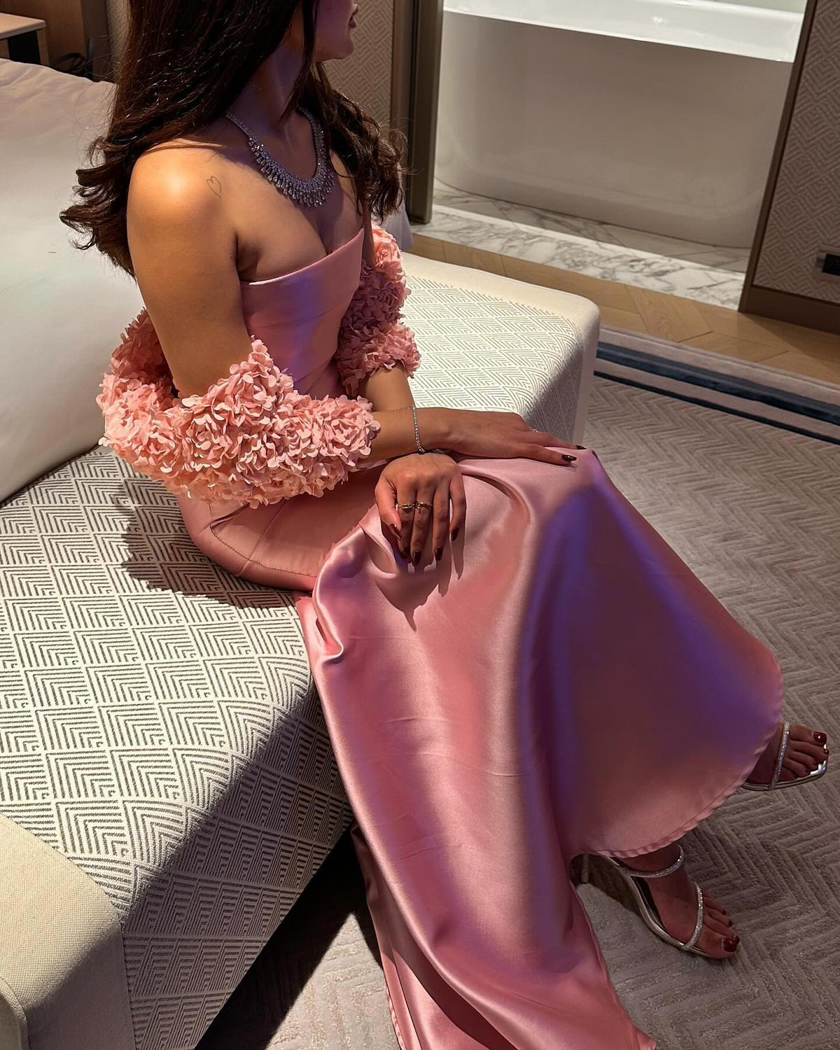 Luxury Pink Evening Dress with 3D Floral Capelet SF203